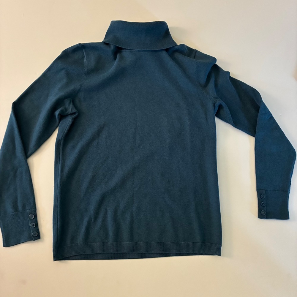 Talbots Petite Teal Blue Turtleneck Sweater Button Cuff Cotton Modal Knit P